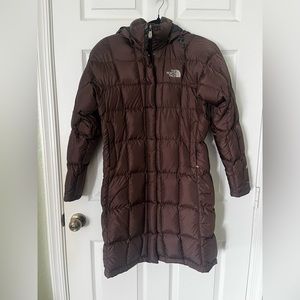 North Face Womens XS Long Parka Brown Down Jacket Full Length Puffer Bubble Coat